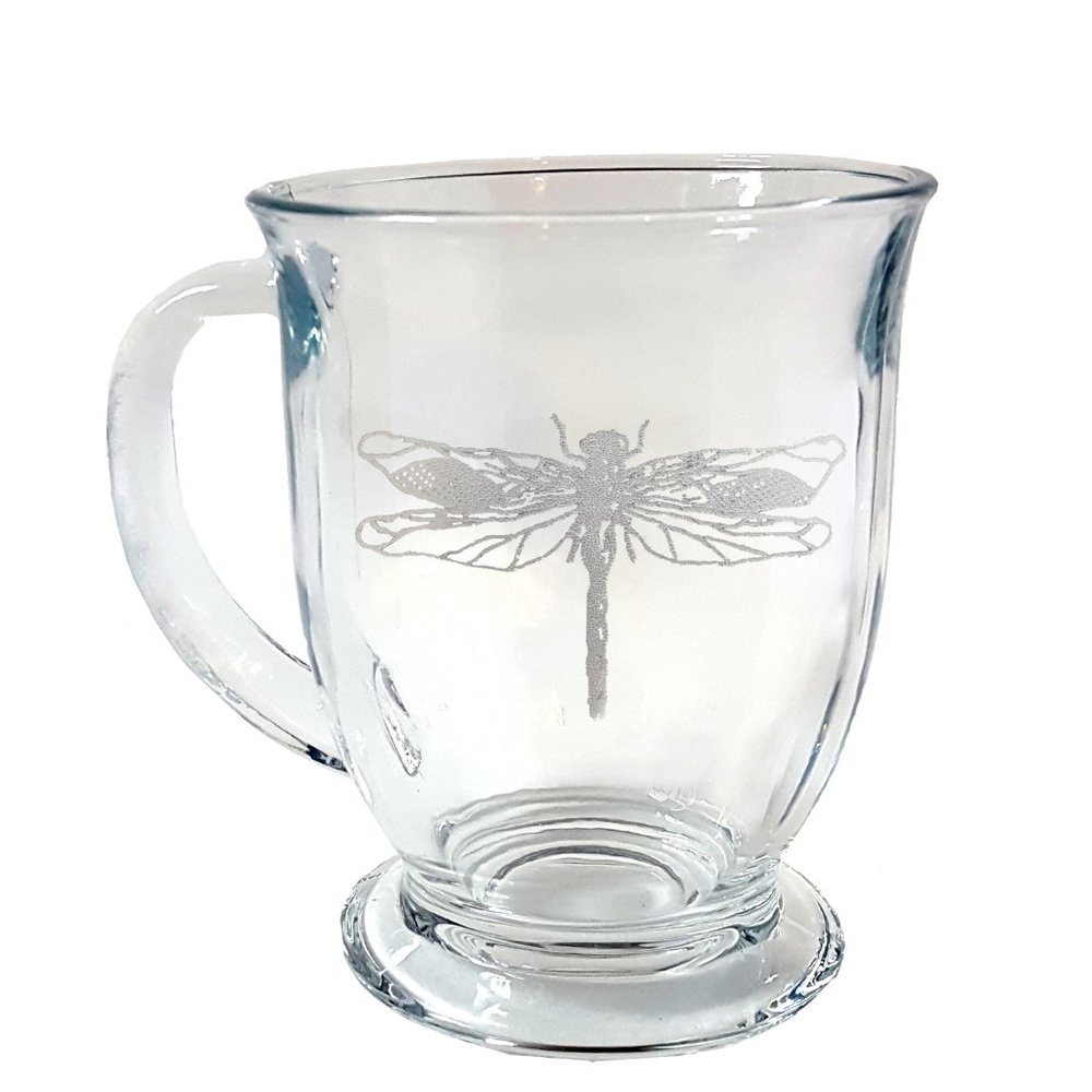 Dragonfly 16oz Glass Coffee Mug, Engraved Tea Cup